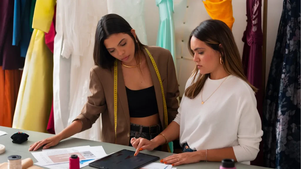 Two stylists review a tablet at a desk in a studio full of garments. 
