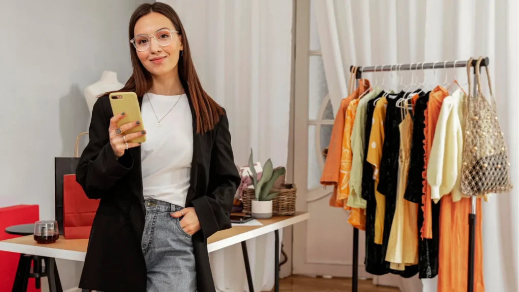 A stylish woman wearing glasses and a blazer holds a smartphone in a room with a clothing rack. 